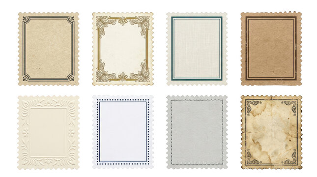 Set of vintage postage stamps with various decorative borders and textures isolated on transparent background