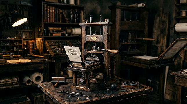 Miniature antique printing press with books and tools displayed on a wooden table in a vintage workshop