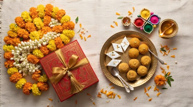Diwali gift box with marigold flowers and sweets on a brass plate