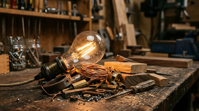 Vintage incandescent lightbulb illuminates raw materials and tools on a workshop workbench, representing ingenuity and creation.