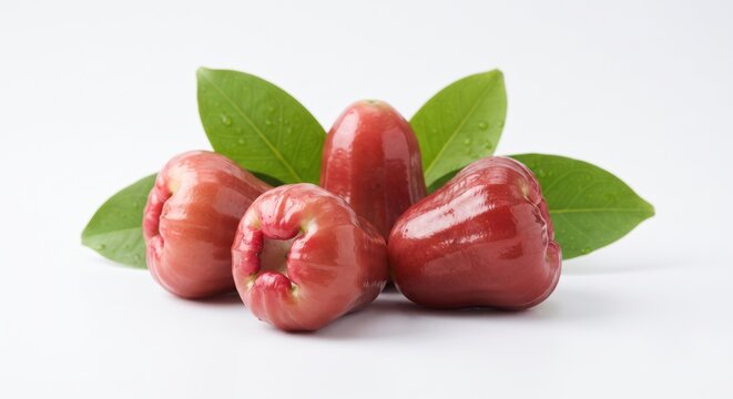 Fresh red wax apple fruit with green leaves isolated on white background for healthy eating and tropical produce display.