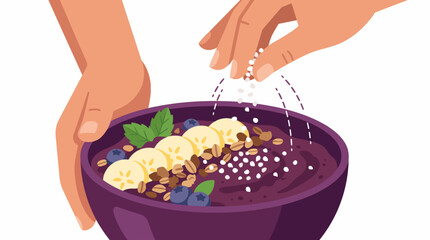 Obraz premium Authentic Brazilian Açaí Bowl Preparation with Fresh Toppings and Granola Sprinkled by Hand Brazilian açaí production chain