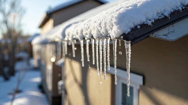 Melting icicles drip from a snow-covered roof on a sunny winter day.