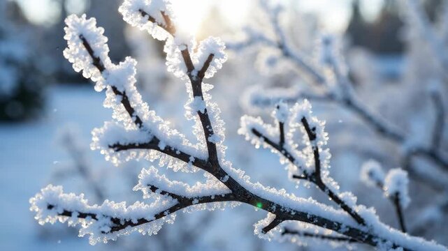 Close-up of frosted tree branches sparkling in golden winter sunlight.
