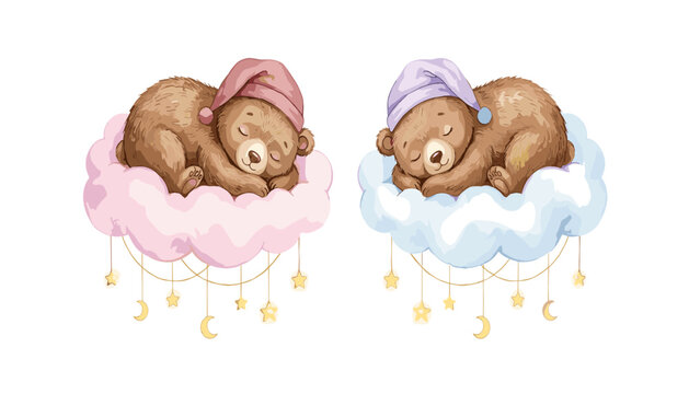 Cute sleeping teddy bears on fluffy clouds vector illustration . Two fluffy cubs, nightcaps, hanging golden stars, crescent moons, pink blue watercolor backgrounds .