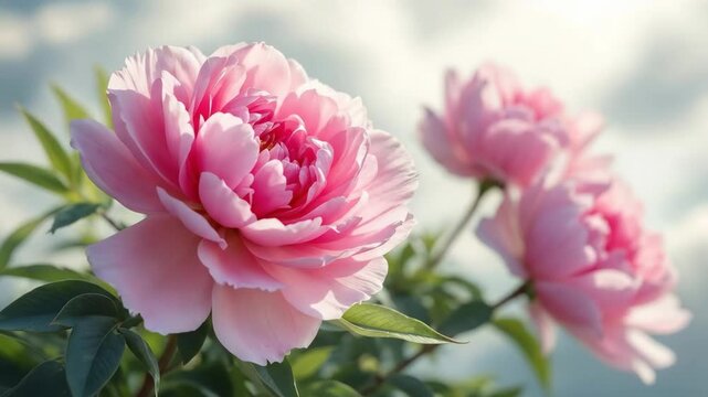 Stunning pink peonies in a garden, bathed in warm sunlight against a soft sky.