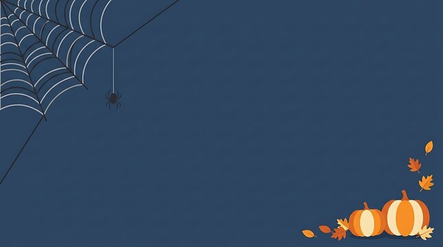 A festive halloween background featuring a spider web in the top corner and a collection of orange pumpkins in the bottom corner