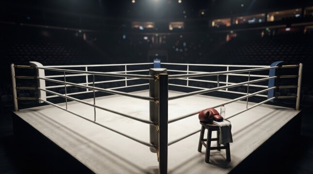 Empty professional boxing ring with red gloves and a white towel on a stool in a dark arena with bright spotlights overhead