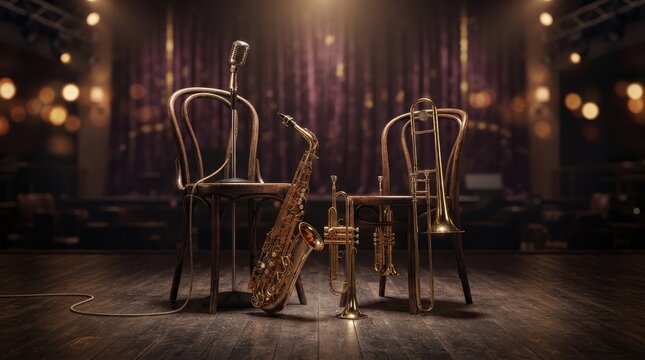 A saxophone and a trombone resting on wooden chairs on a dark stage with warm lighting for a jazz music performance atmosphere