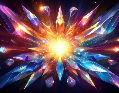 multicolored cosmic energy explosion with radial burst and diamond particles