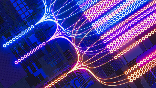 Lines of data travel through a circuit background