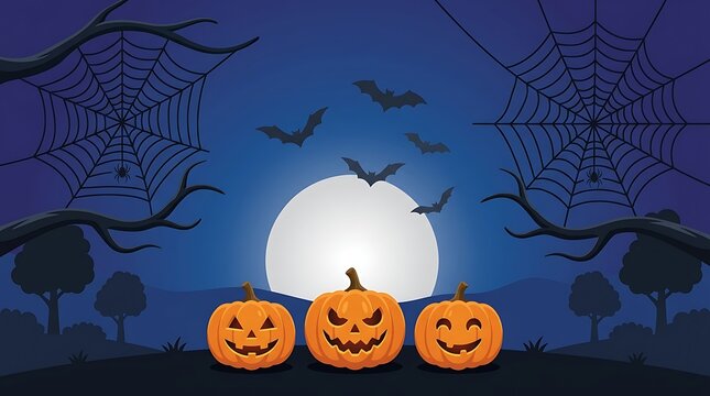 Three spooky carved pumpkins sitting on the ground in front of a giant full moon with bats flying in a dark night sky