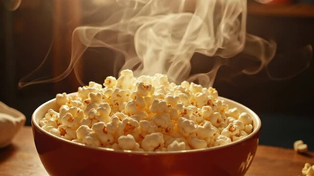 Steaming hot, freshly popped popcorn in a red bowl, ready for a movie night.