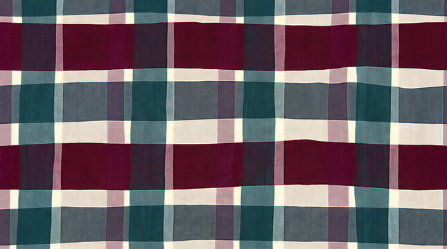 Checkered pattern with maroon and dark teal stripes. Retro textile background with woven fabric texture. Geometric design for fashion, interior decoration, and seasonal autumn stationery.