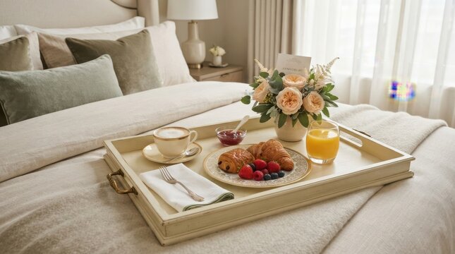 Delicious breakfast tray with coffee and pastries served on a cozy hotel bed in a bright and comfortable bedroom setting