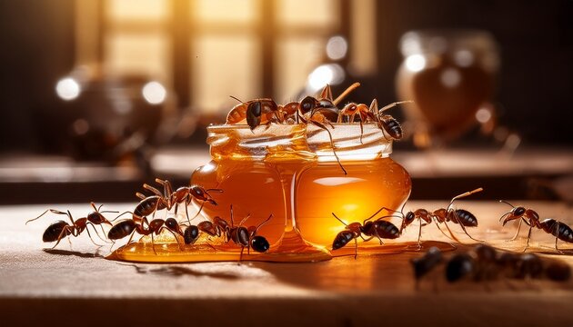 a swarm of ants eating spilled honey on a kitchen table pest control concept insect infestation sweet food problem