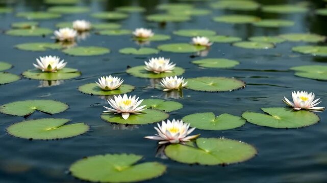 Serene white water lilies and green lily pads floating on dark, calm pond water.