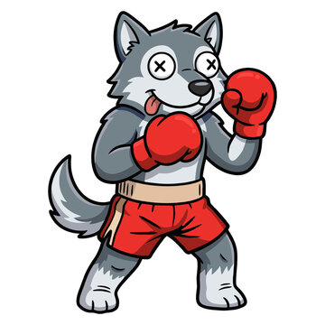 Funny cartoon wolf boxer character wearing boxing gloves, vector illustration.