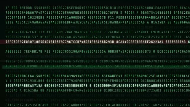 Animated Green Hexadecimal Code Scrolling on Dark Terminal Screen