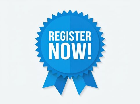Blue circular seal with register now text and ribbons for membership or event signups.