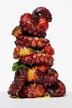 Grilled Octopus Layered Column on White Background