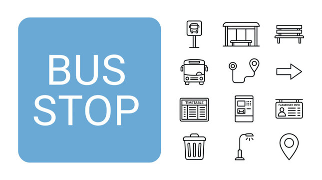 Bus stop icon set for public transportation and urban travel.