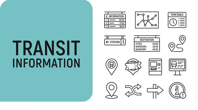 Hand Drawn Transit Information Line Icon Set for Public Transportation and Travel Navigation.