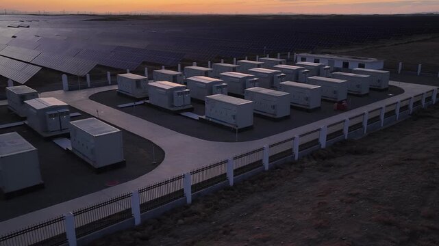 Aerial View of Utility-Scale Solar Farm with Battery Energy Storage System in Arid Desert