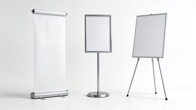 blank presentation boards against a white background. On the left is a retractable roll-up banner stand with a silver base and top, showcasing a smooth, white surface. In the center is a freestanding 