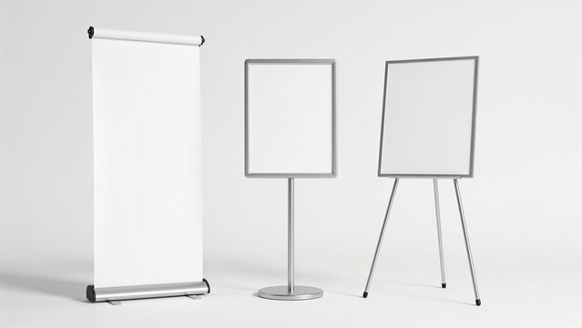 blank presentation boards against a white background. On the left is a retractable roll-up banner stand with a silver base and top, showcasing a smooth, white surface. In the center is a freestanding 