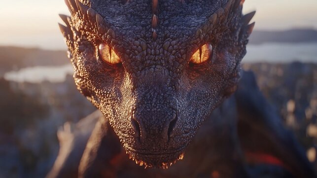 Close-up of a majestic dragon's face at sunset.