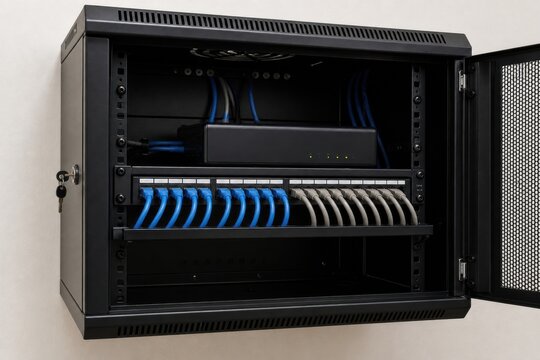 Locked small business network cabinet with router, patch panel and orderly cables ideal for cybersecurity, infrastructure and data protection content