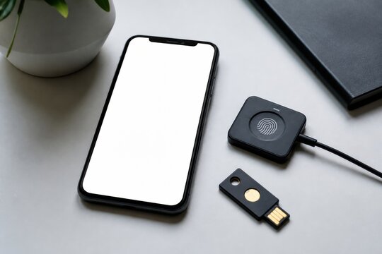 Blank smartphone with fingerprint reader and physical security key on a desk ideal for passwordless authentication and digital identity content