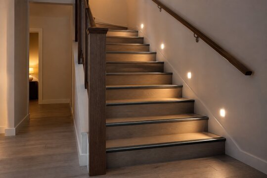 Residential staircase with illuminated steps, contrast edges and sturdy handrail ideal for aging in place, fall prevention and accessible home design
