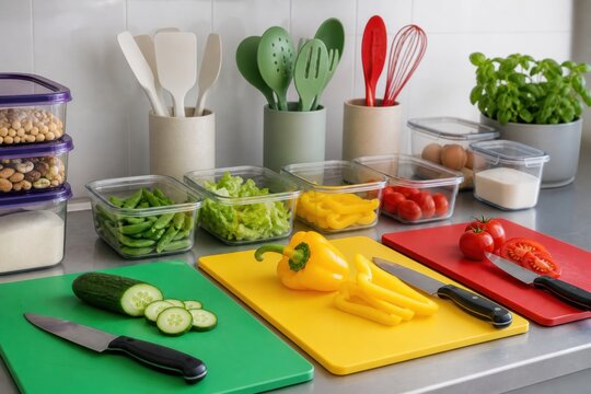 Color separated cutting boards, utensils and vegetables in a clean kitchen ideal for allergen safety, meal preparation and food service training