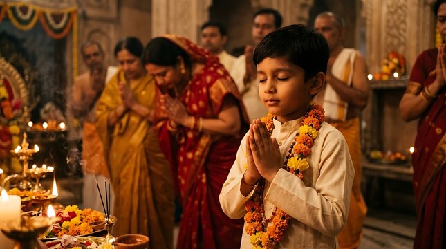 Young indian boy praying with folded hands in a temple during a religious ceremony