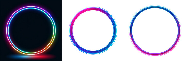Obraz premium Set of A modern glowing neon circle made from flexible luminous tubing, bright multicolor illumination, soft atmospheric glow and realistic reflections on transparent png background. Ai generated