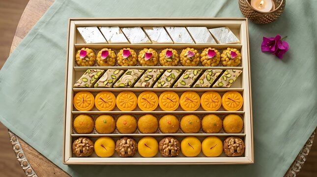 Assorted traditional indian sweets mithai in an elegant gift box, top view