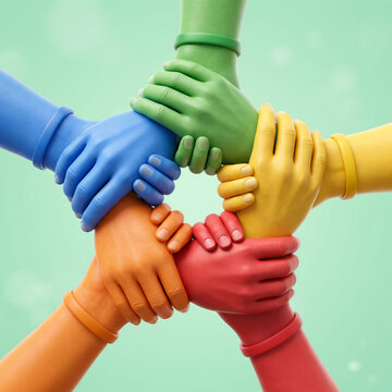 Diverse colorful stylized hands of blue green yellow pink and orange joining in a circle representing unity teamwork and global cooperation