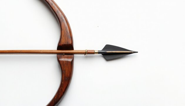 Archery bow arrow traditional wooden recurve bow with single feathered shaft and black metal broadhead tip, closeup composition on clean white background showing texture and joinery,