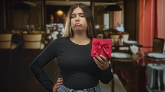 Woman holds red gift box with bow, hand on hip and pouting lips in a restaurant building; disappointment.