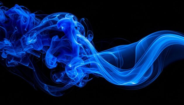 Abstract background featuring elegant blue smoke swirls and vibrant ink clouds flowing against a solid deep black background for artistic design.