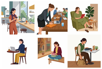 Fototapeta premium Set of flat vector illustrations depicting people working on laptops, using tablets and smartphones in cafes, coworking spaces and at home, representing remote work and digital lifestyle.