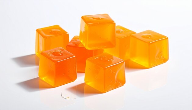 Bright orange transparent gelatin cubes stacked artistically on a clean white background representing wellness and abstract health concepts.