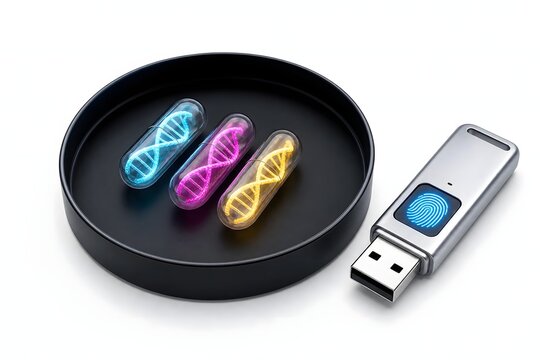 Colorful DNA capsules in petri dish with biometric USB drive illustrating secure genetic data concept on white background