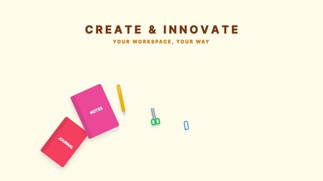 Stationery workspace items with create and innovate text for office design