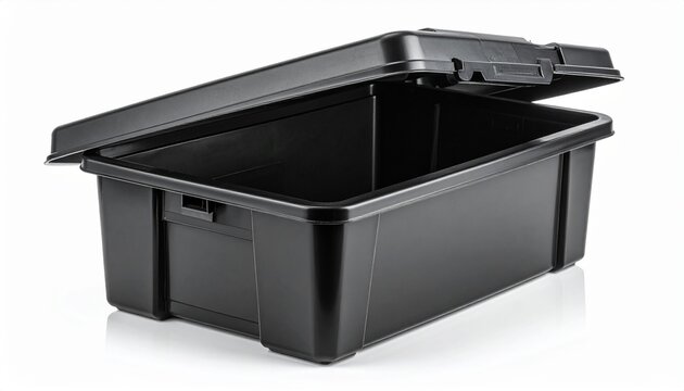 An empty black plastic storage container with an open lid isolated on a clean white studio background for household organization and logistics.