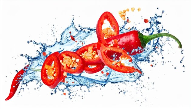 Red chili pepper slices splashing in clear water with refreshing droplets isolated on a white background for healthy lifestyle photography.