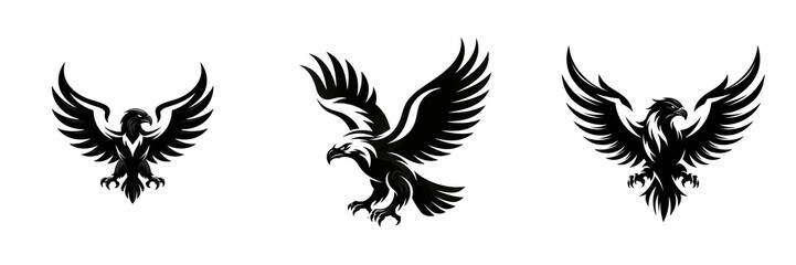 Naklejka premium Set of Minimalist bold winged bird silhouette symbol, symmetrical feathered wings extending horizontally, strong clean contours, elegant emblem composition on transparent png background. Ai generated