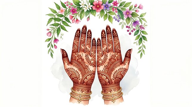 Hands with intricate mehndi henna designs and floral wreath, isolated on white background